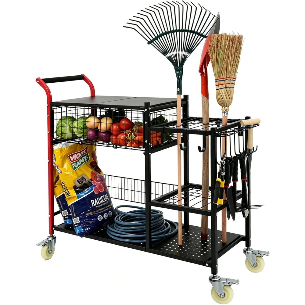Gardening Tools Rack - รถเข็นสวนอเนลอีลี 3-in-1: สถานีทำงาน, ตะกร้าเก็บเกี่ยว และที่วางเครื่องมือ |