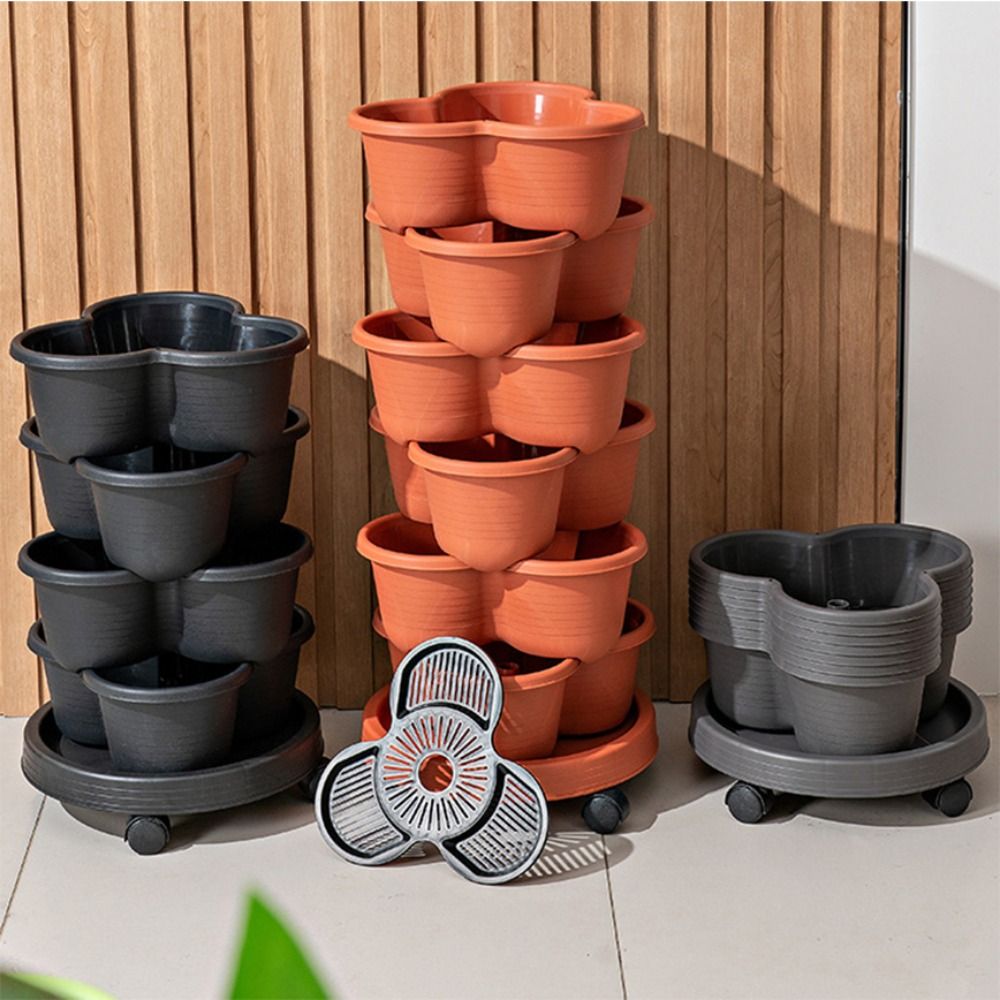Vertical Wall Planter - กระถางดอกไม้พลาสติกแบบซ้อนได้แนวตั้งพร้อมล้อเลื่อน กระถางปลูกต้นไม้หลายชั้นสำหรับปลูกสตรอว์เบอร์รี เหมาะสำหรับสวนในบ้าน