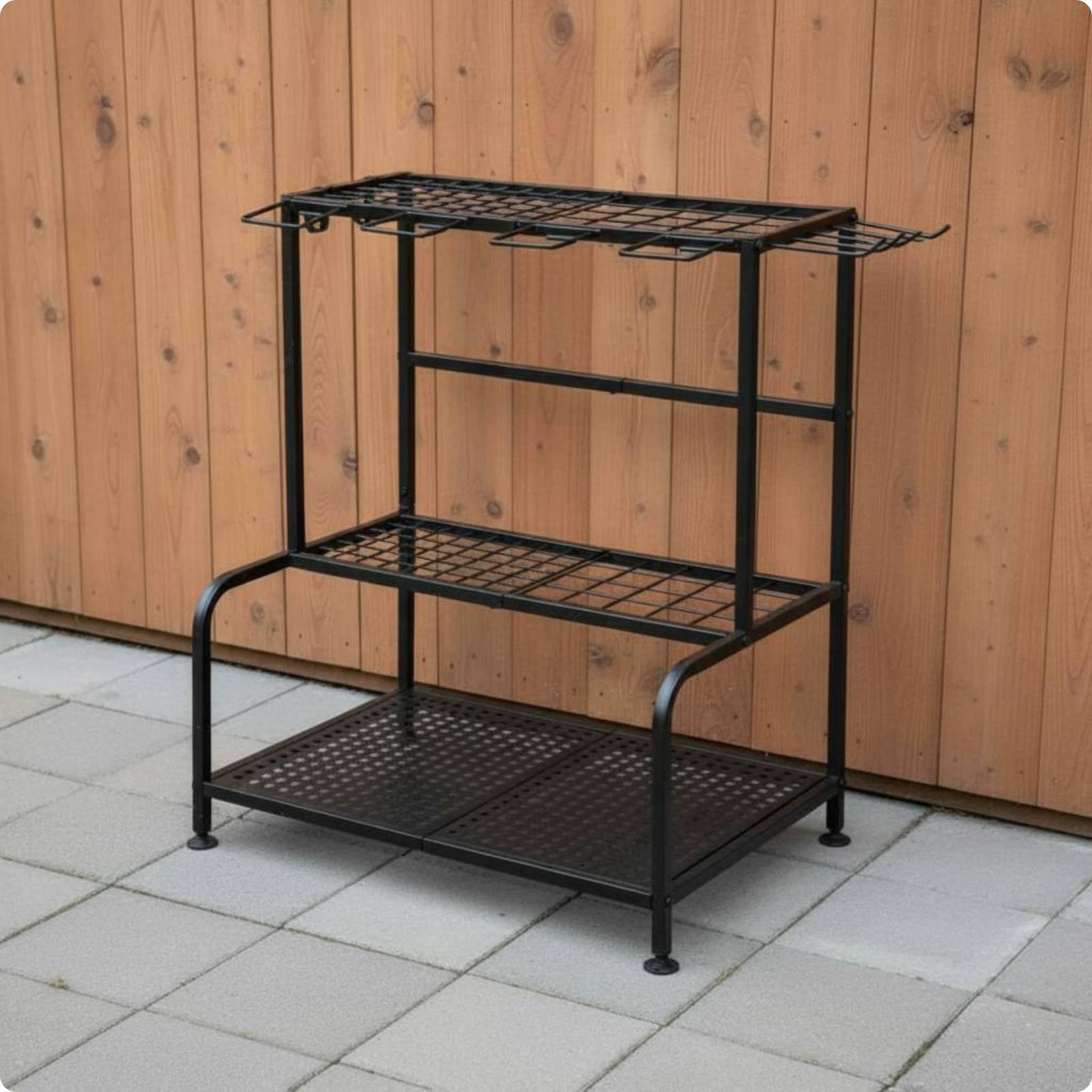 Gardening Tools Rack - ชั้นวางเครื่องมือทำสวนโลหะ ขาปรับระดับได้ ชั้นวางเก็บของในสวน ดีไซน์ป้องกันการล้ม ชั้นวางเครื่องมือหลายชั้นสำหรับลานบ้านและโรงเก็บของ