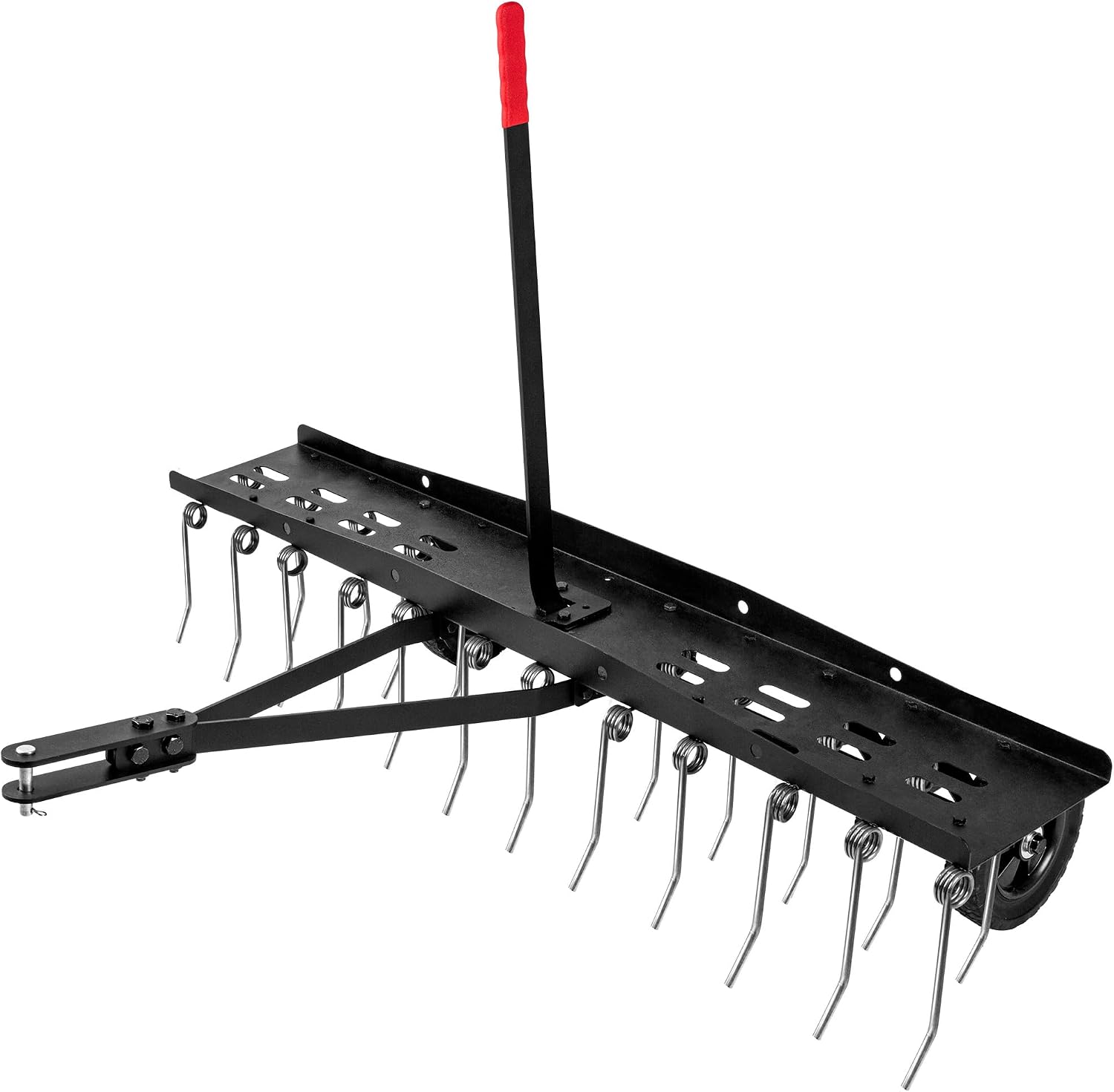 Gardening Yard Tools - อุปกรณ์คราดพรวนดินแบบลากจูงสำหรับสนามหญ้า, อุปกรณ์ระบายอากาศสำหรับหญ้าแบบสปริงเหล็กแข็งแรงทนทาน, อุปกรณ์สำหรับรถตัดหญ้าแบบนั่งขับในสวน, สีดำ, 1 ชิ้น