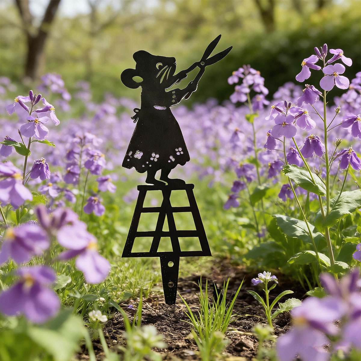 Gardening Tools Combo - เสาโลหะลายเส้นสีดำสำหรับตกแต่งสวน รูปหนูพร้อมกรรไกร ป้ายตกแต่งสนามหญ้า งานศิลปะสร้างสรรค์ รูปปั้นสัตว์โลหะ เหมาะสำหรับกระถางดอกไม้