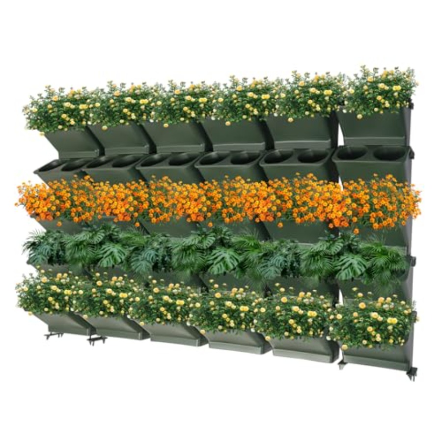 Vertical Wall Planter - กระถางปลูกต้นไม้ติดผนังแนวตั้งสำหรับระเบียงและสวน ผลิตจากผ้าทนทาน สีเทา สามารถวางซ้อนกันได้ พร้อมช่องรดน้ำอัตโนมัติ 60